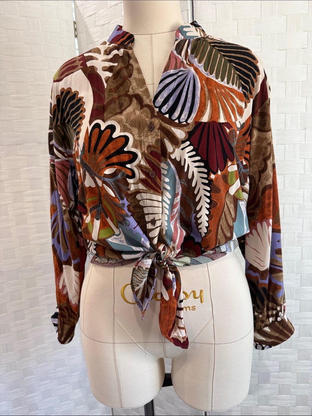CeCe Multicolor Abstract Floral Tie-Front Blouse
